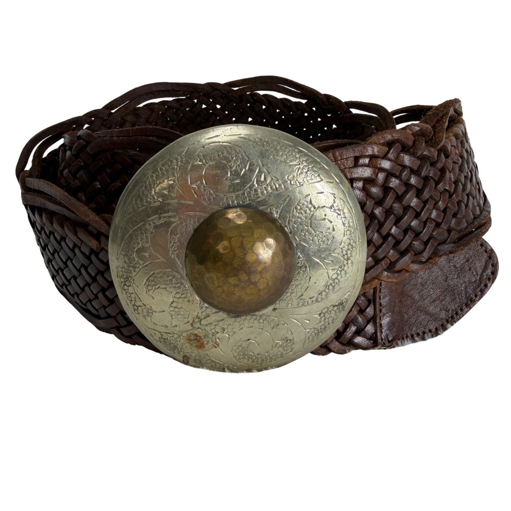 Dairi Brown Womens L Woven Leather Belt Oversized Etched Metal Buckle‎ Wide Boho